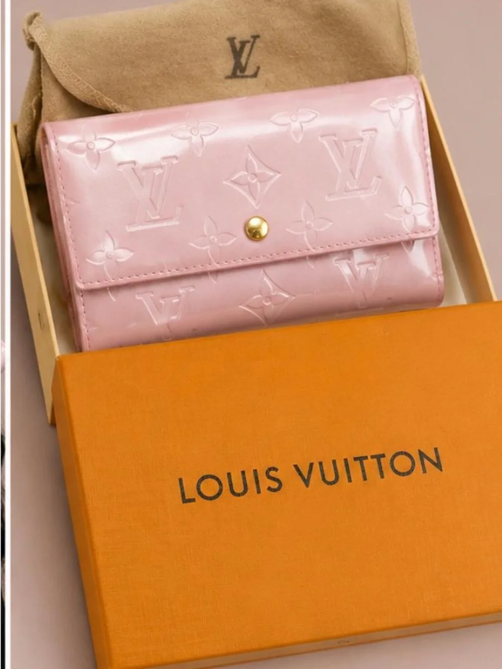 Louis Vuitton Pink Vernis Monogram Compact Wallet with Gold-Tone Snap